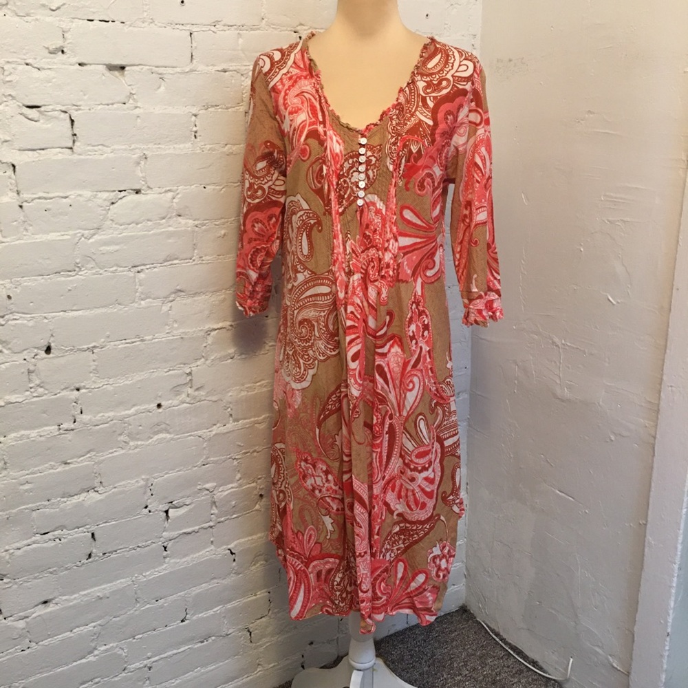 One Season Australia cotton midi dress pintuck ruffles pink paisley large
